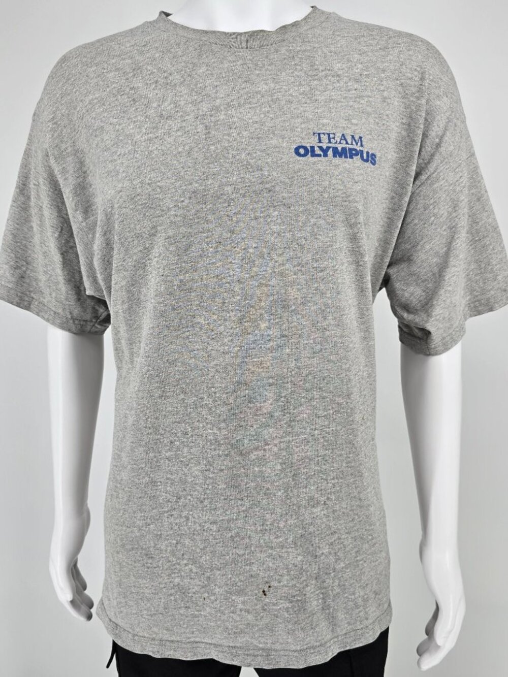 Stained Vintage 1990s Lee Premium Jersey Team Olympus Gray T-Shirt (XL)